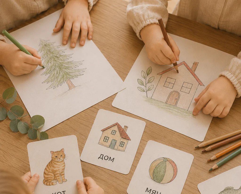 Children coloring and exploring Russian word cards together at home
