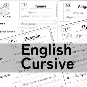 English Cursive Writing with Animals A–Z printable workbook preview