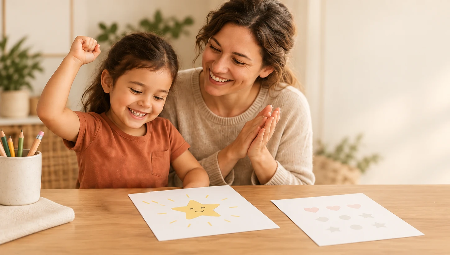 A parent and child celebrating a little learning accomplishment together