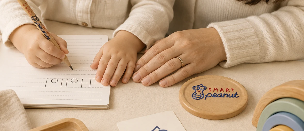A child practicing writing with a parent’s gentle guidance