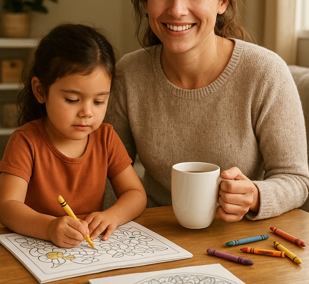 A parent sharing a quiet coloring moment with her child at home